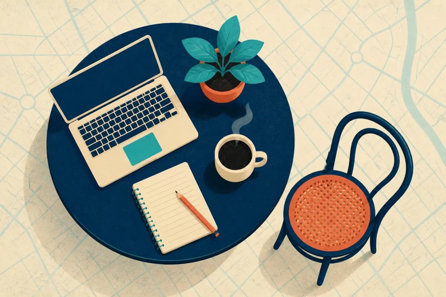 Illustration en vue de dessus d’une table de travail avec un ordinateur portable, un café et un carnet, à côté d’une chaise vide qui attend un·e second·e freelance
