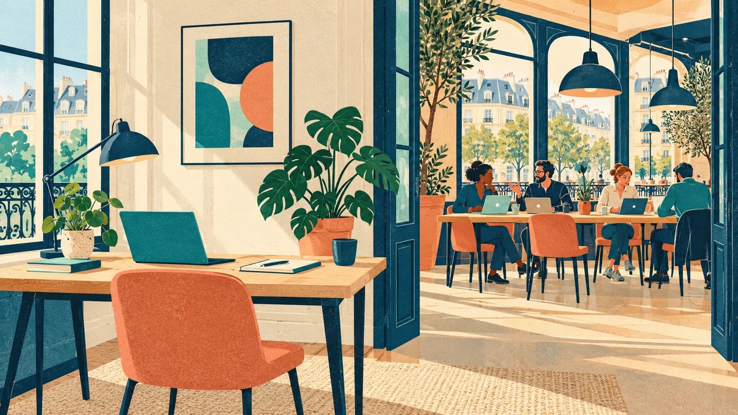 Un bureau calme et, dans un autre lieu, des professionnels réunis autour d’une table de café