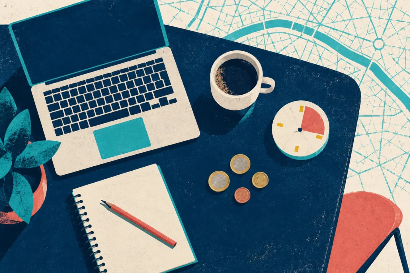Illustration d’un bureau, d’une horloge et de pièces pour comparer le coût de quatre heures de coworking