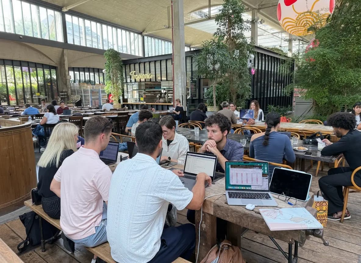 Participants à une session CoworkMeet dans un espace ouvert et végétalisé